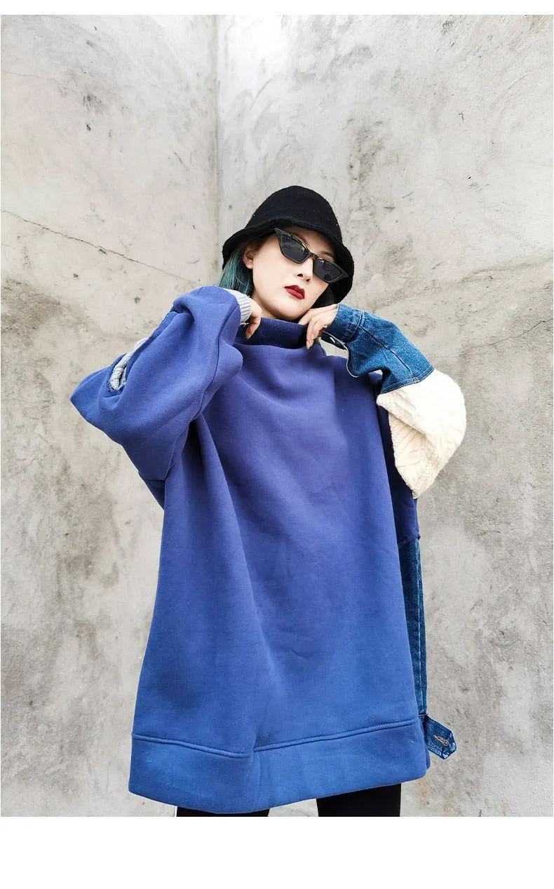 Female Casual Patchwork Knit Denim Sweatshirts Tops