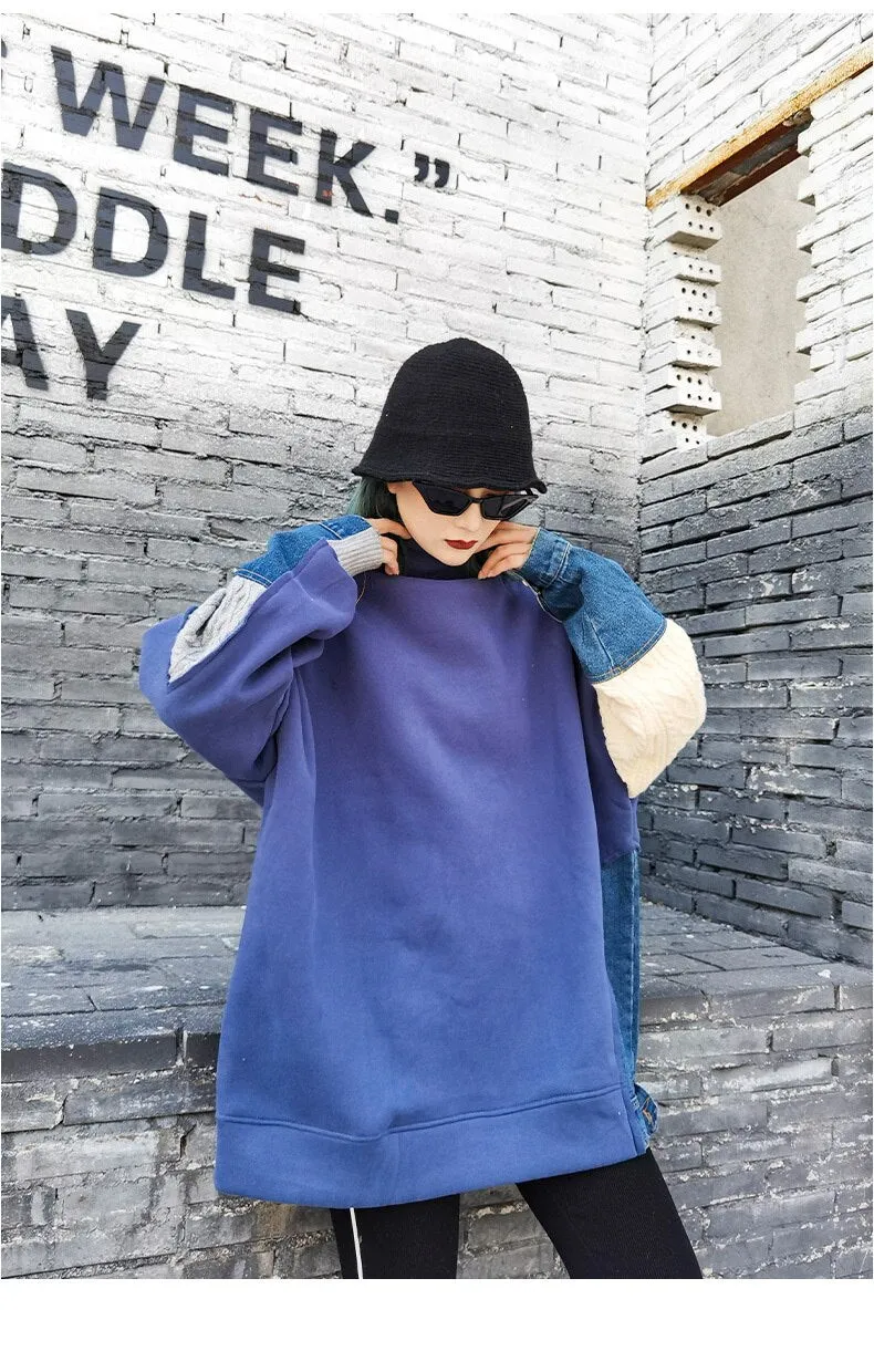 Female Casual Patchwork Knit Denim Sweatshirts Tops