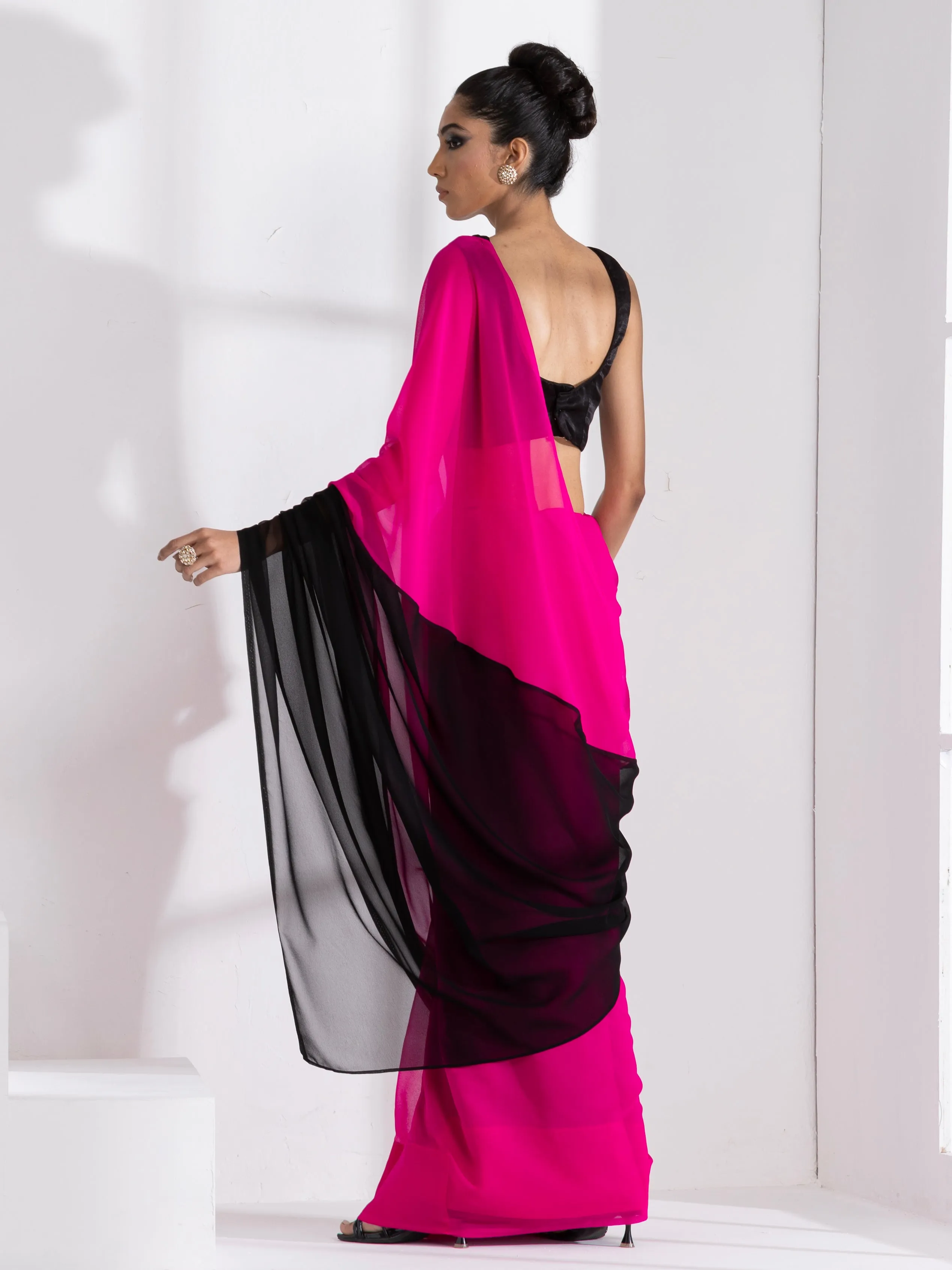 Fuchsia & Black Triangle Georgette Saree with Posh Black Blouse Fabric