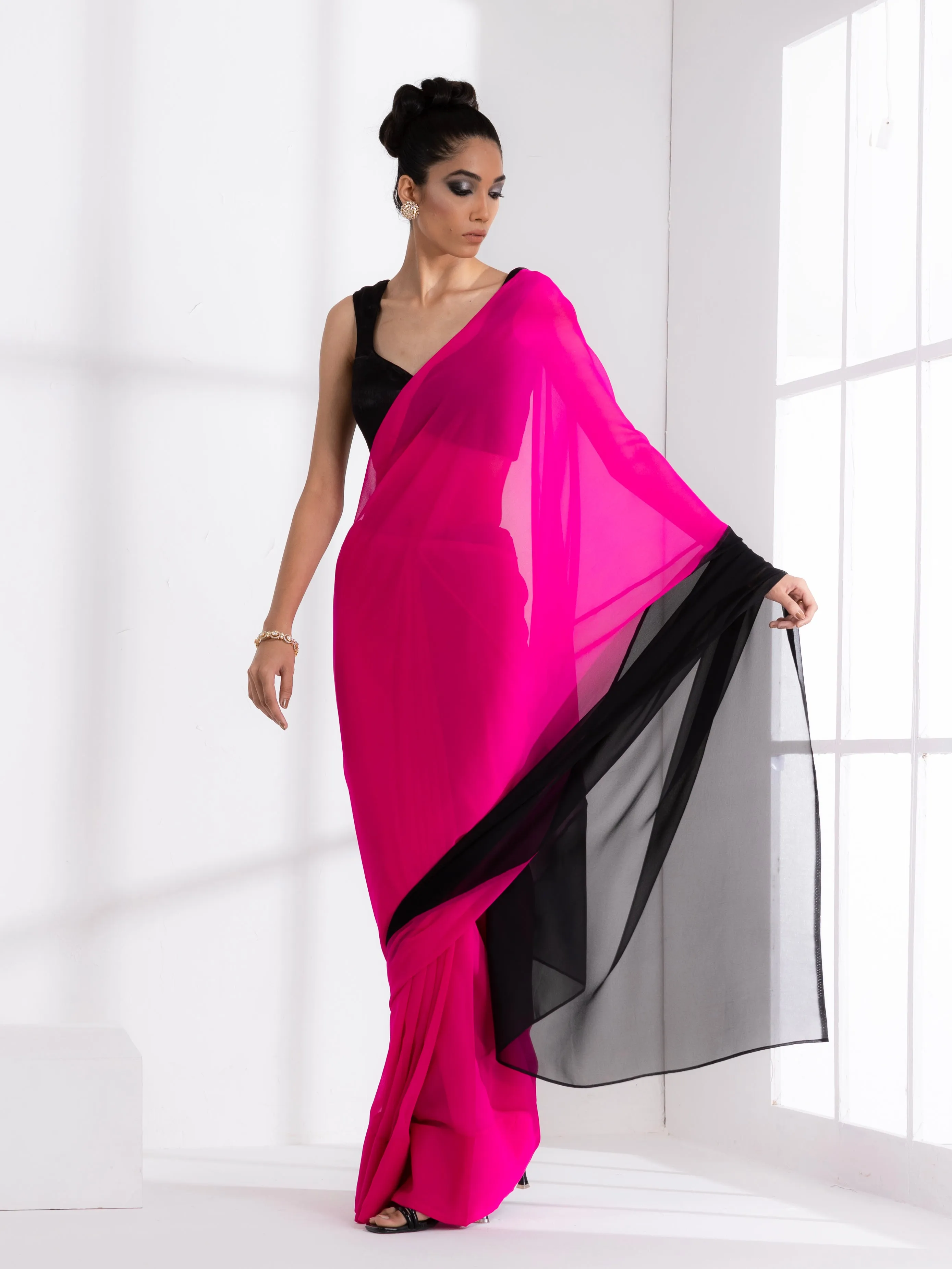 Fuchsia & Black Triangle Georgette Saree with Posh Black Blouse Fabric