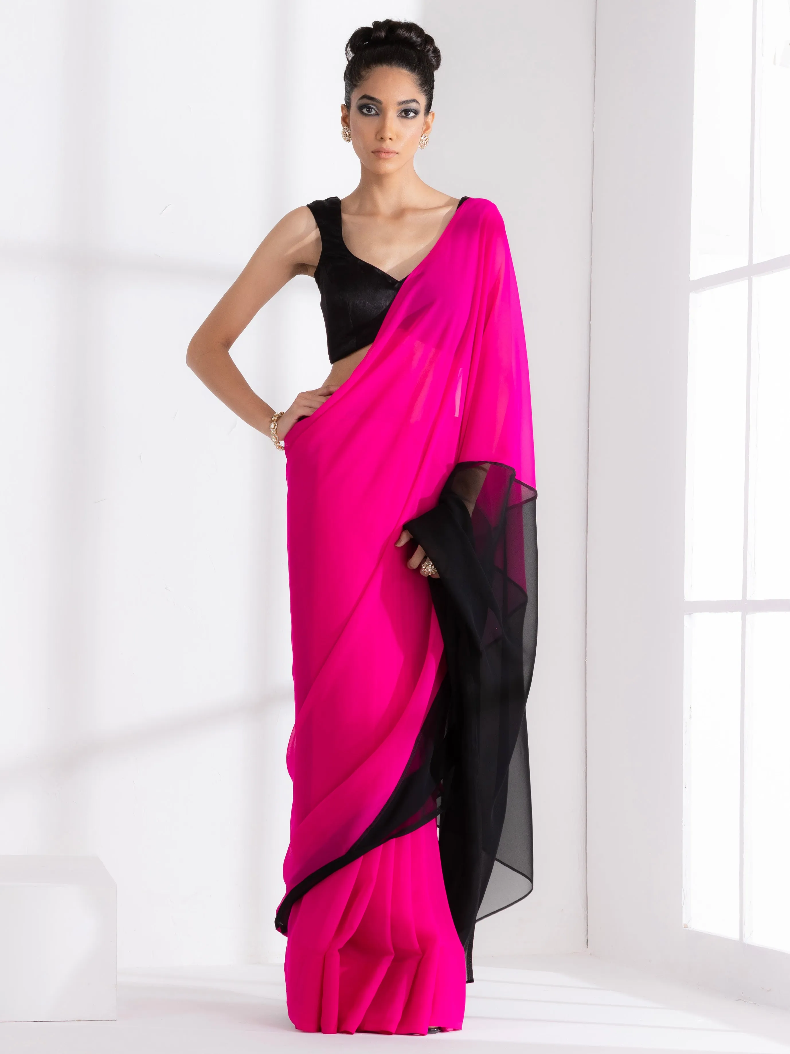 Fuchsia & Black Triangle Georgette Saree with Posh Black Blouse Fabric