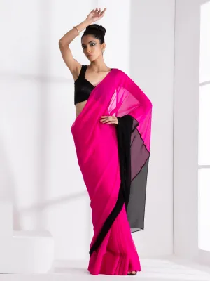 Fuchsia & Black Triangle Georgette Saree with Posh Black Blouse Fabric
