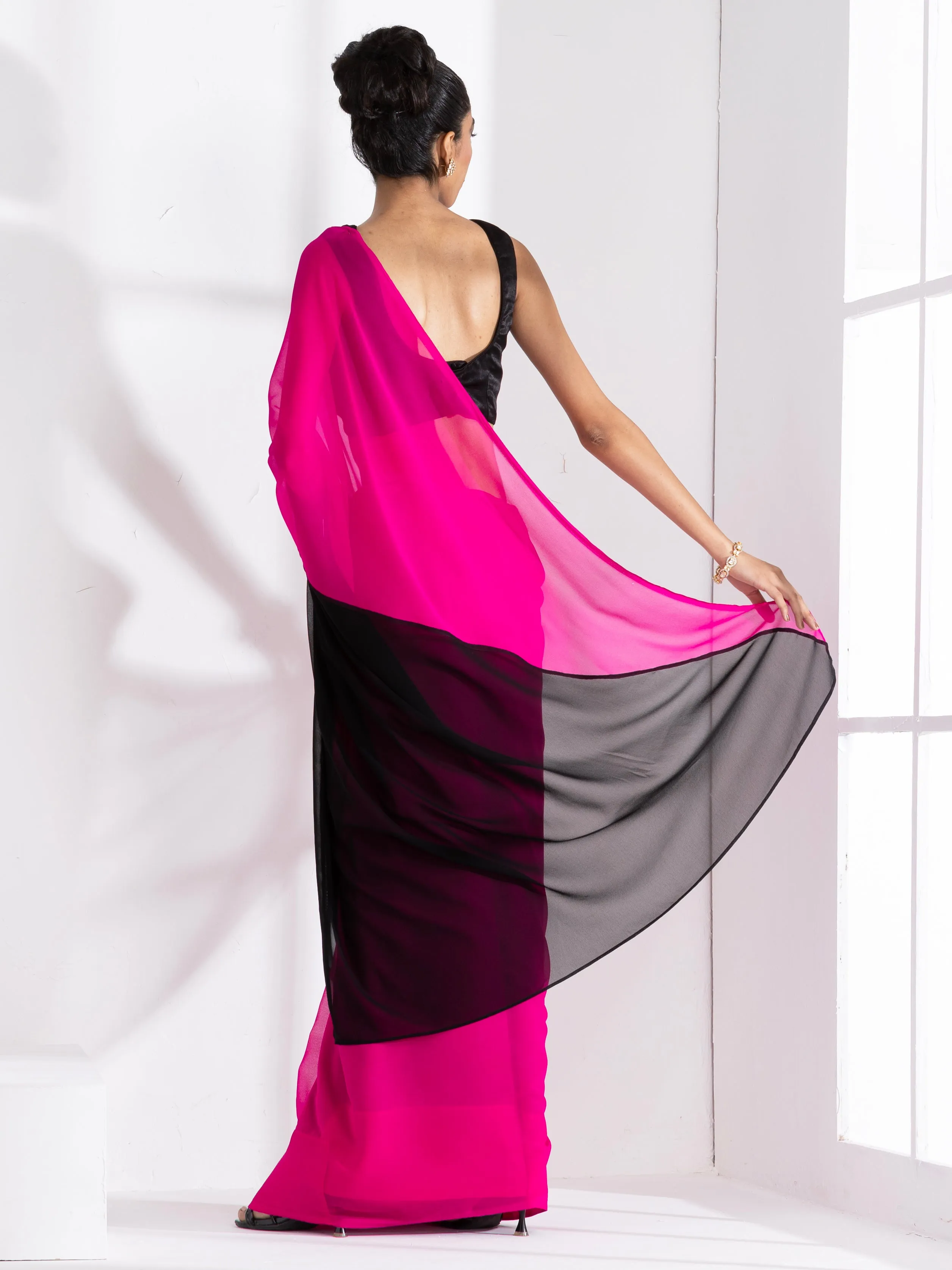 Fuchsia & Black Triangle Georgette Saree with Posh Black Blouse Fabric