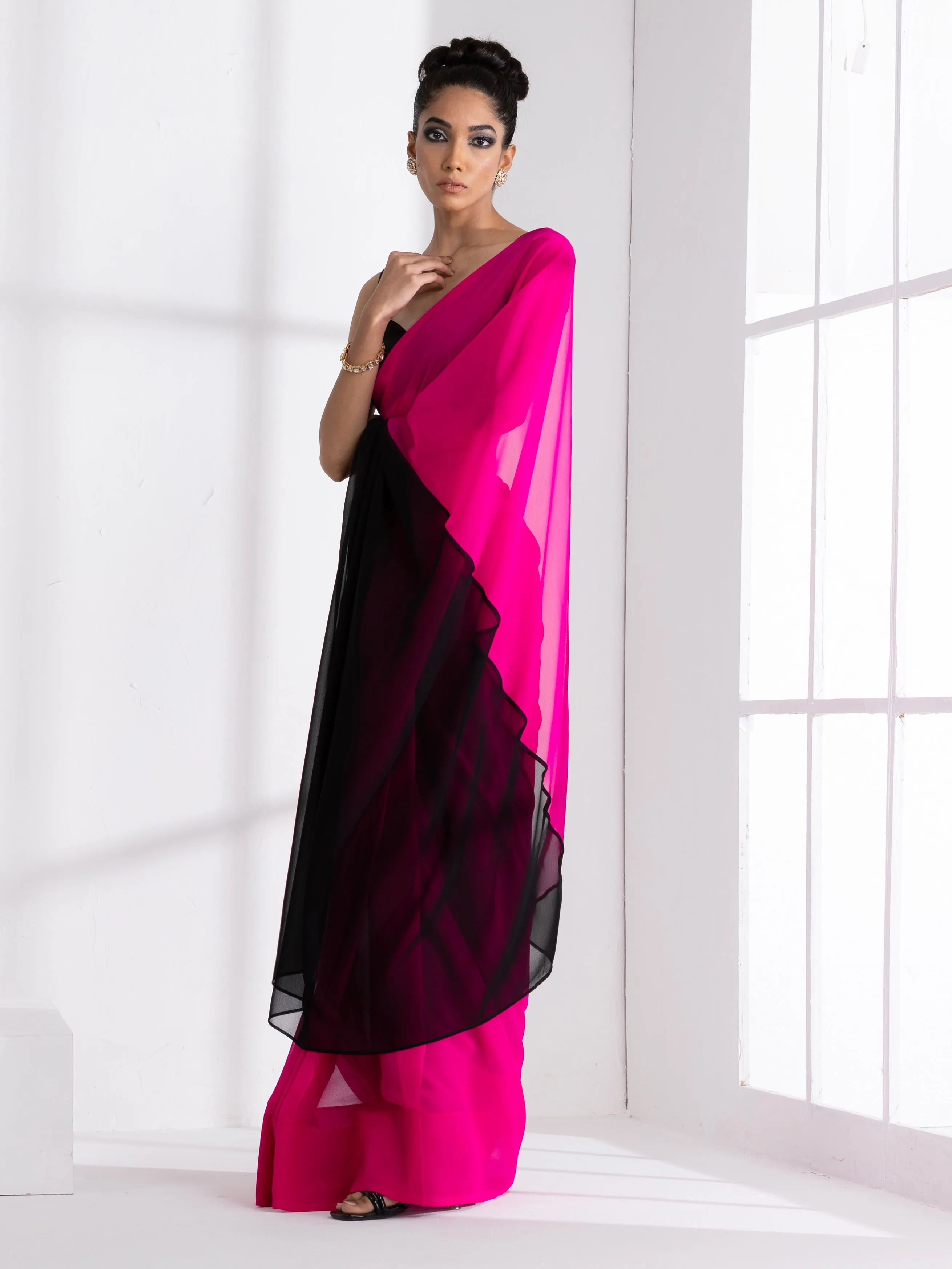 Fuchsia & Black Triangle Georgette Saree with Posh Black Blouse Fabric