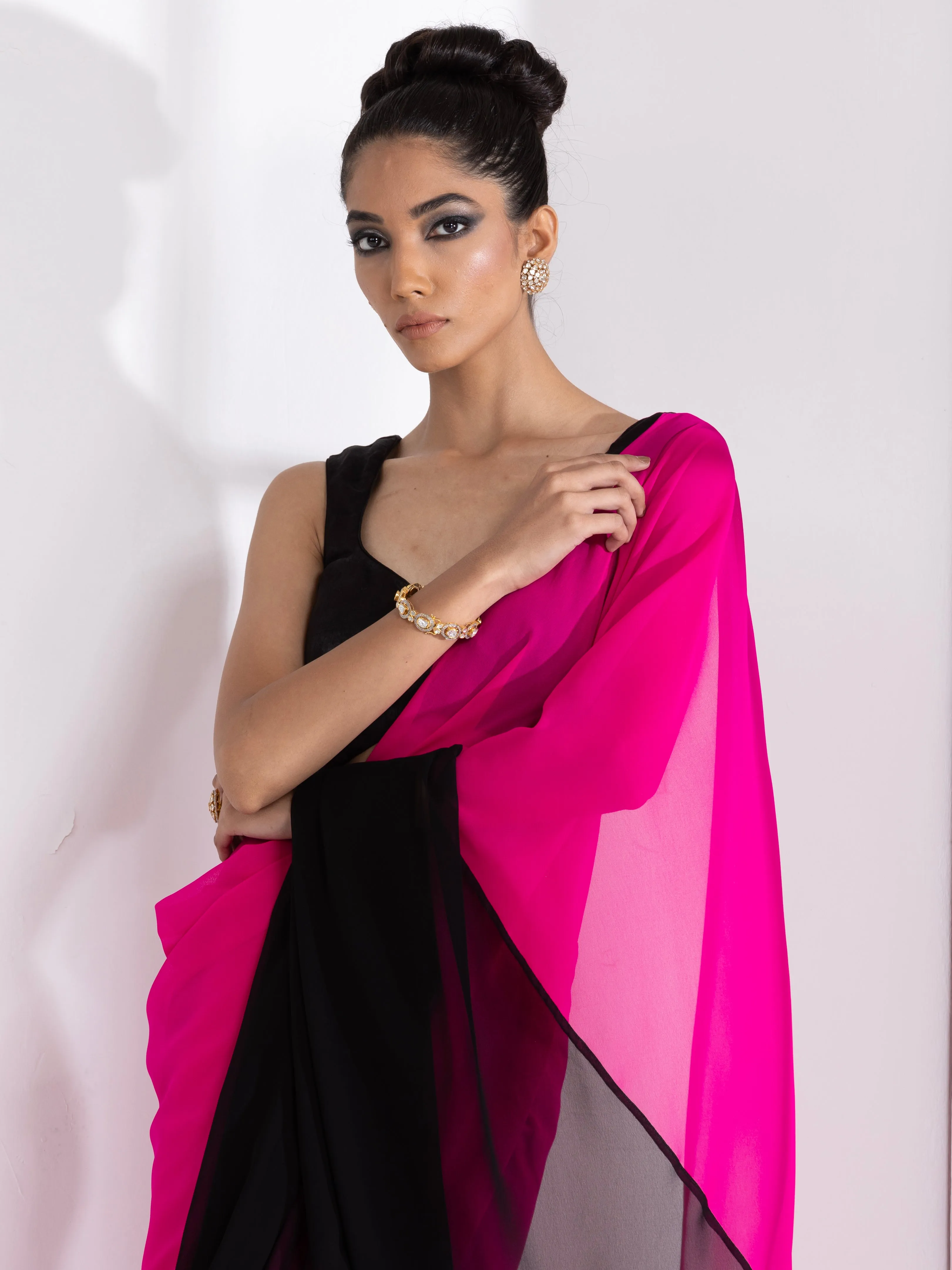 Fuchsia & Black Triangle Georgette Saree with Posh Black Blouse Fabric