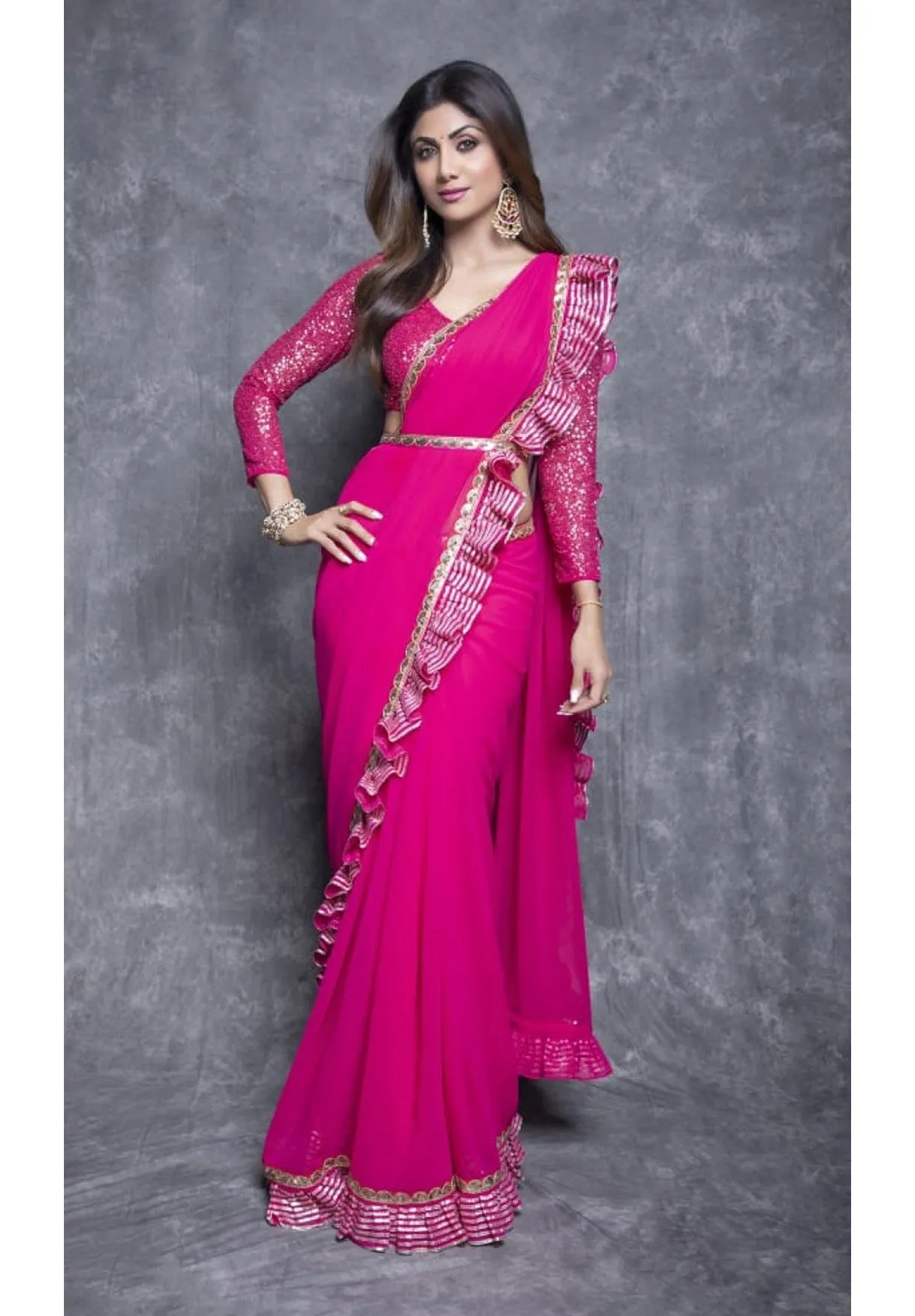 Fuschia Pink Ruffle Saree Set