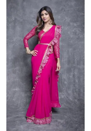 Fuschia Pink Ruffle Saree Set