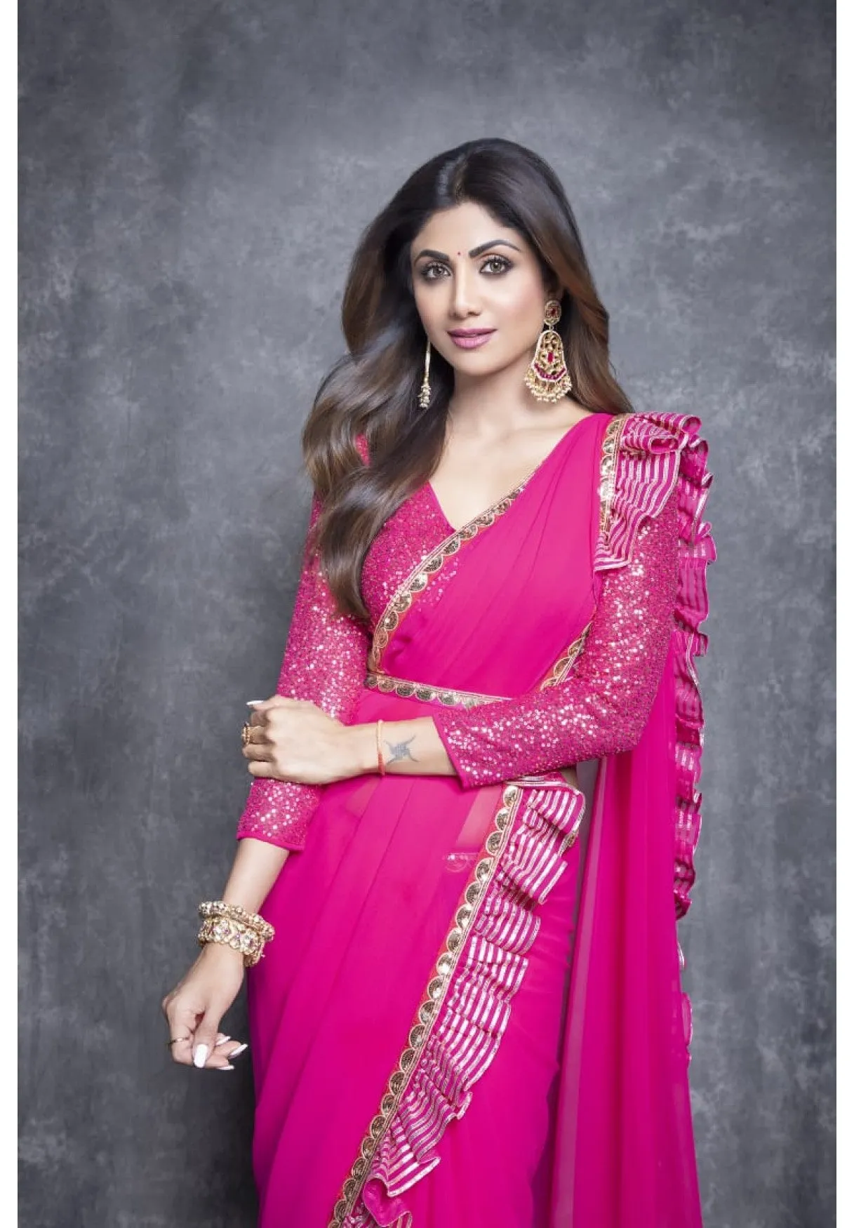 Fuschia Pink Ruffle Saree Set