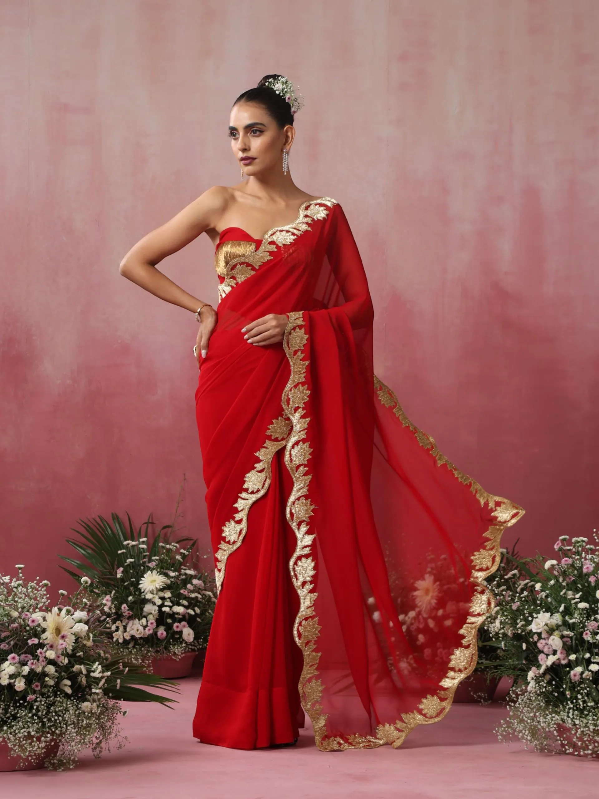 Glamazing Red Gold Embroidered Saree with Blouse Fabric