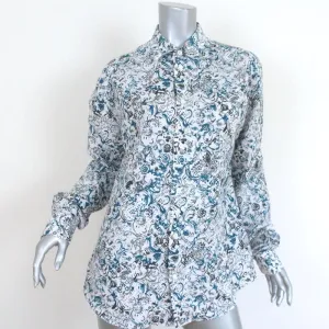 Hermes Button Down Shirt White/Blue Printed Linen-Cotton Size 40 Long Sleeve Top