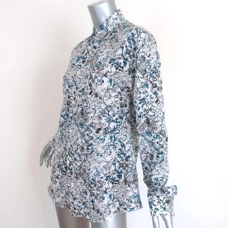 Hermes Button Down Shirt White/Blue Printed Linen-Cotton Size 40 Long Sleeve Top
