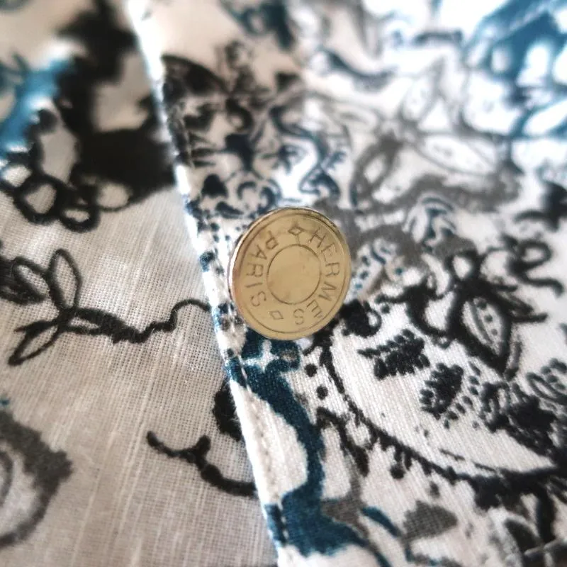 Hermes Button Down Shirt White/Blue Printed Linen-Cotton Size 40 Long Sleeve Top