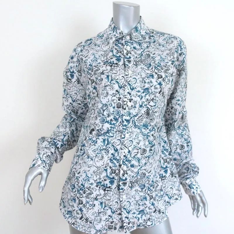 Hermes Button Down Shirt White/Blue Printed Linen-Cotton Size 40 Long Sleeve Top