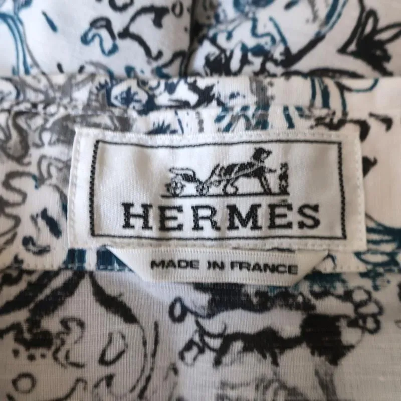 Hermes Button Down Shirt White/Blue Printed Linen-Cotton Size 40 Long Sleeve Top