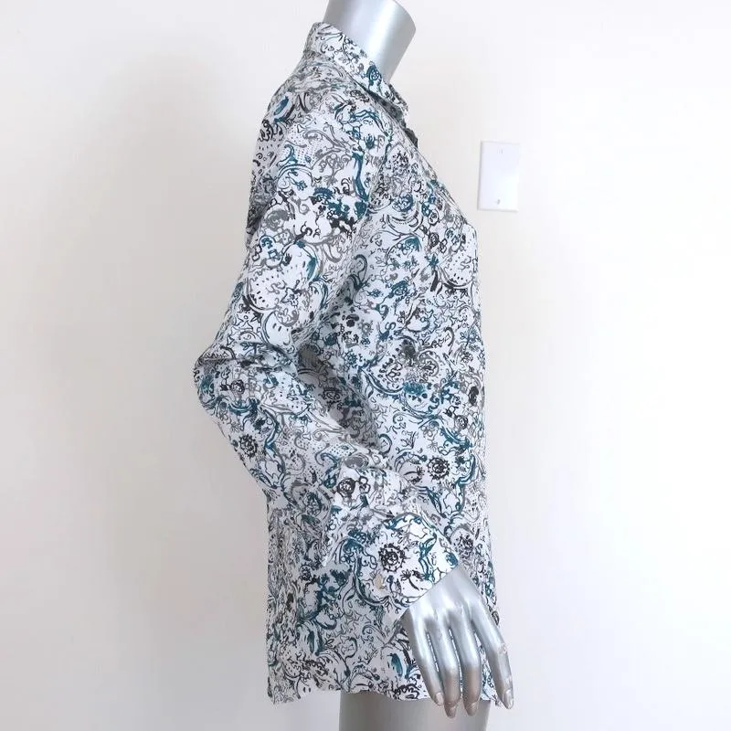 Hermes Button Down Shirt White/Blue Printed Linen-Cotton Size 40 Long Sleeve Top