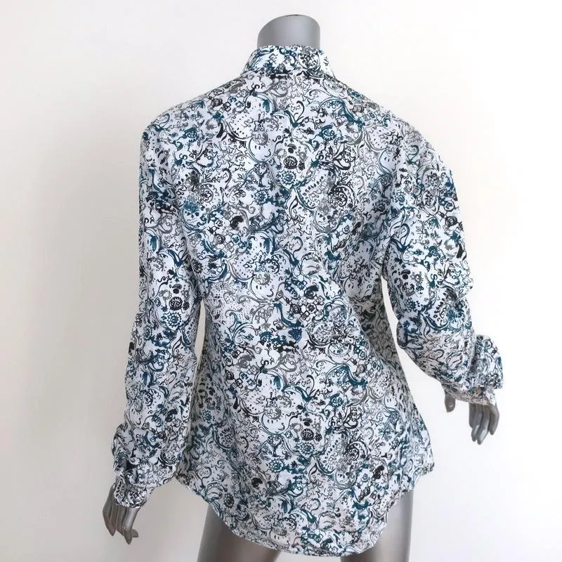 Hermes Button Down Shirt White/Blue Printed Linen-Cotton Size 40 Long Sleeve Top