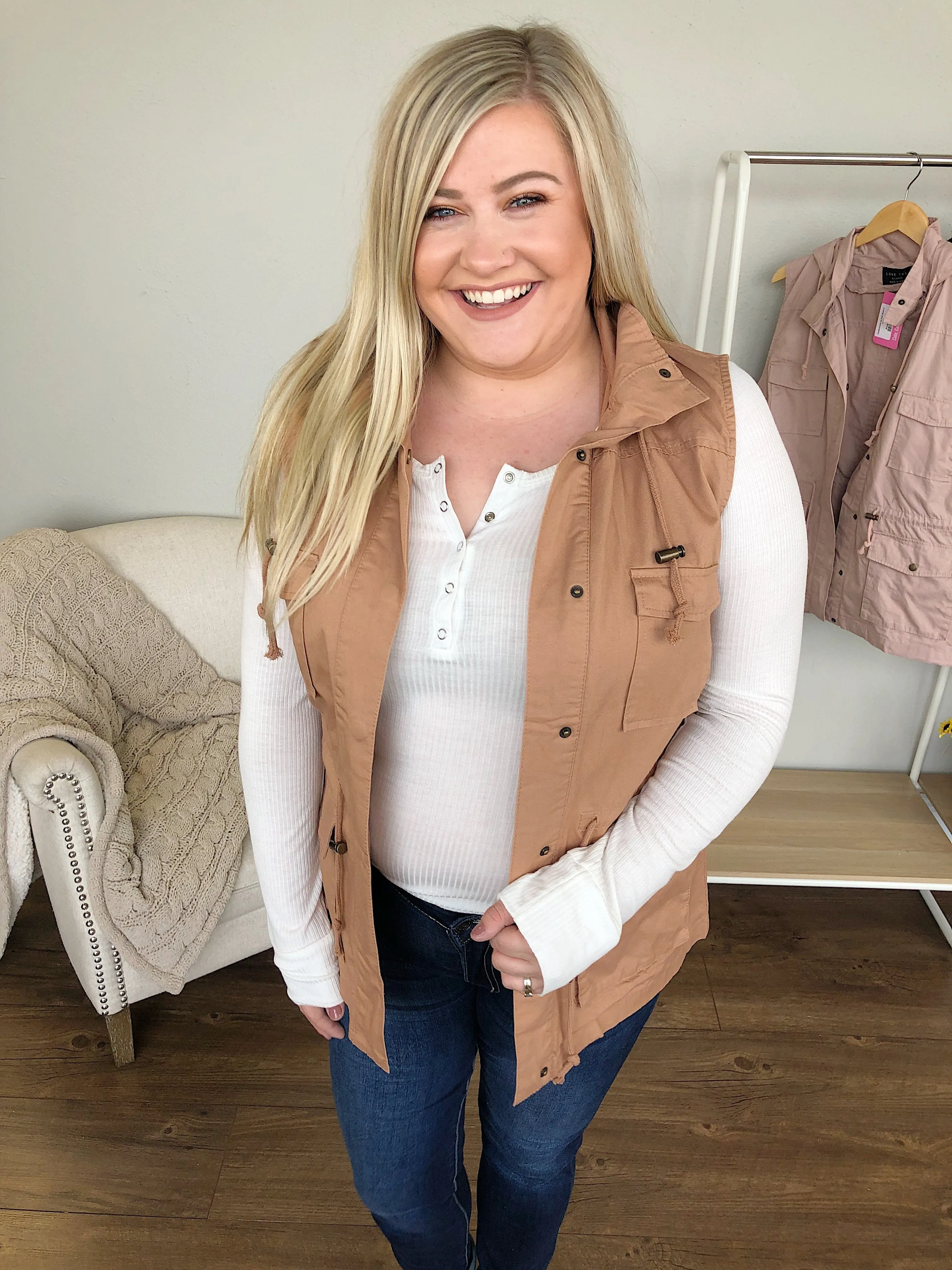 Hooded Button Up Vest- Dusty Peach
