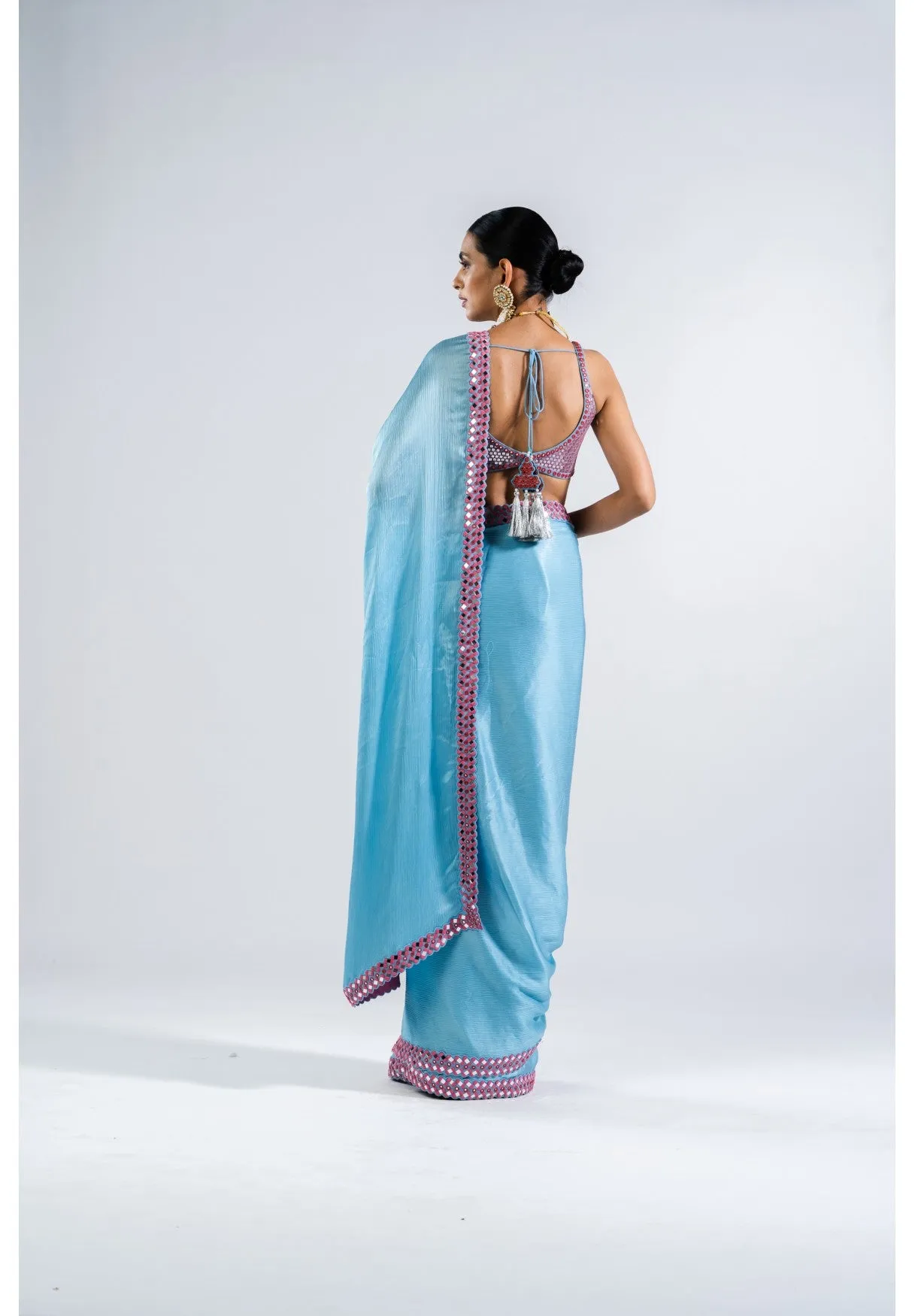 Ice Blue Satin Chiffon Saree Set