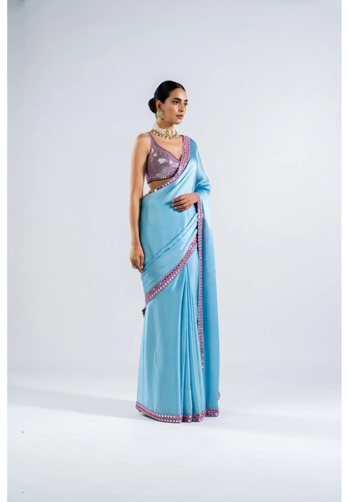Ice Blue Satin Chiffon Saree Set