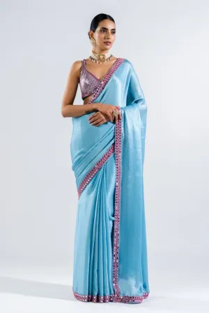 Ice Blue Satin Chiffon Saree Set