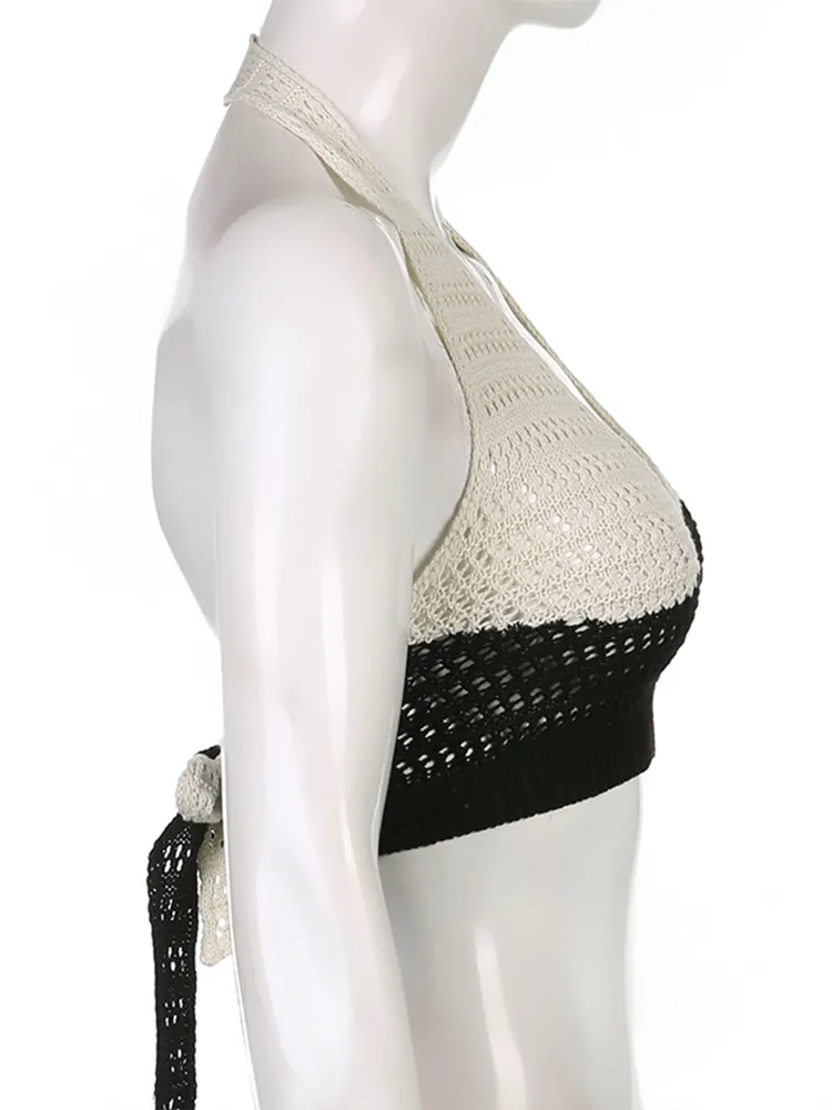 Knitted Halter Camis Sexy Backless Women Patchwork Crop Top