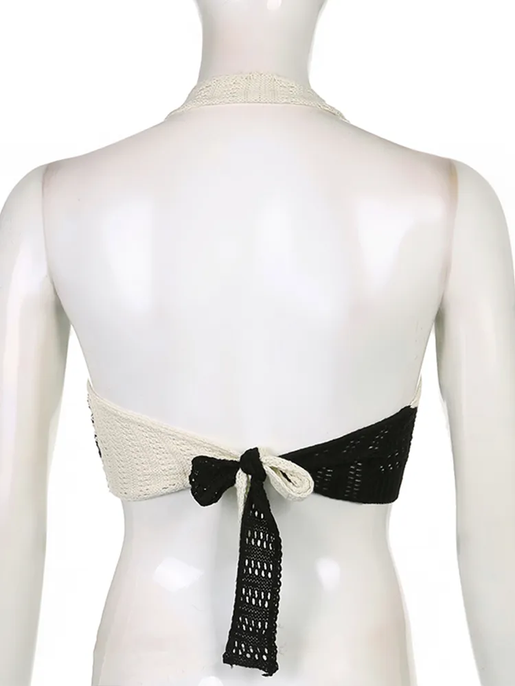 Knitted Halter Camis Sexy Backless Women Patchwork Crop Top