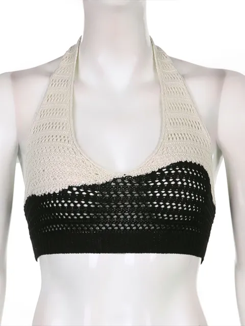 Knitted Halter Camis Sexy Backless Women Patchwork Crop Top