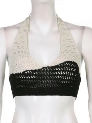 Knitted Halter Camis Sexy Backless Women Patchwork Crop Top