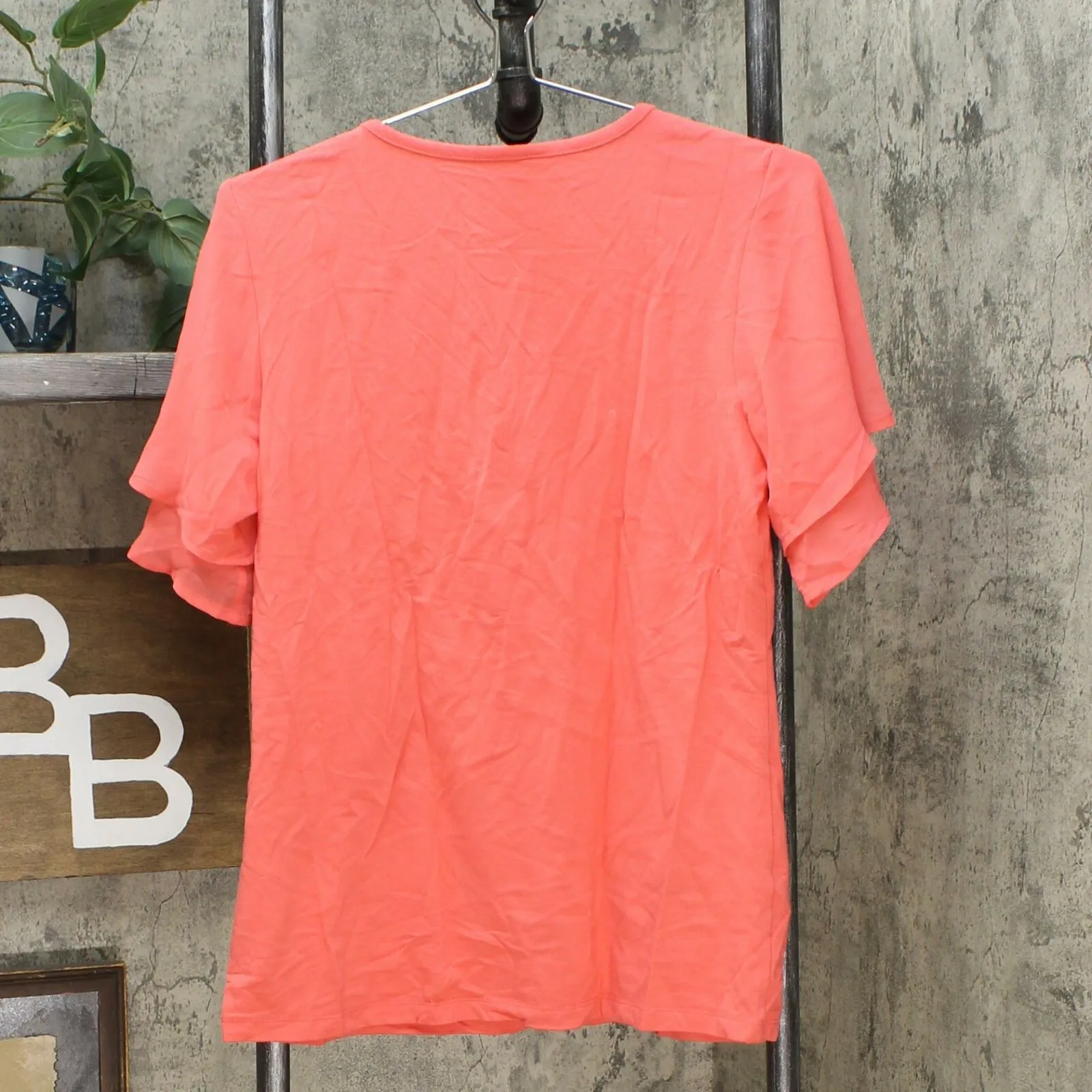 Lemon Way Women's Jersey Knit Flutter Sleeve Top Coral Medium