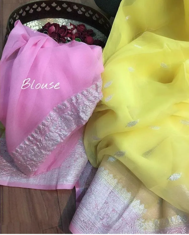 Light Pink-Yellow Banarasi Khaddi Jaal Georgette Saree