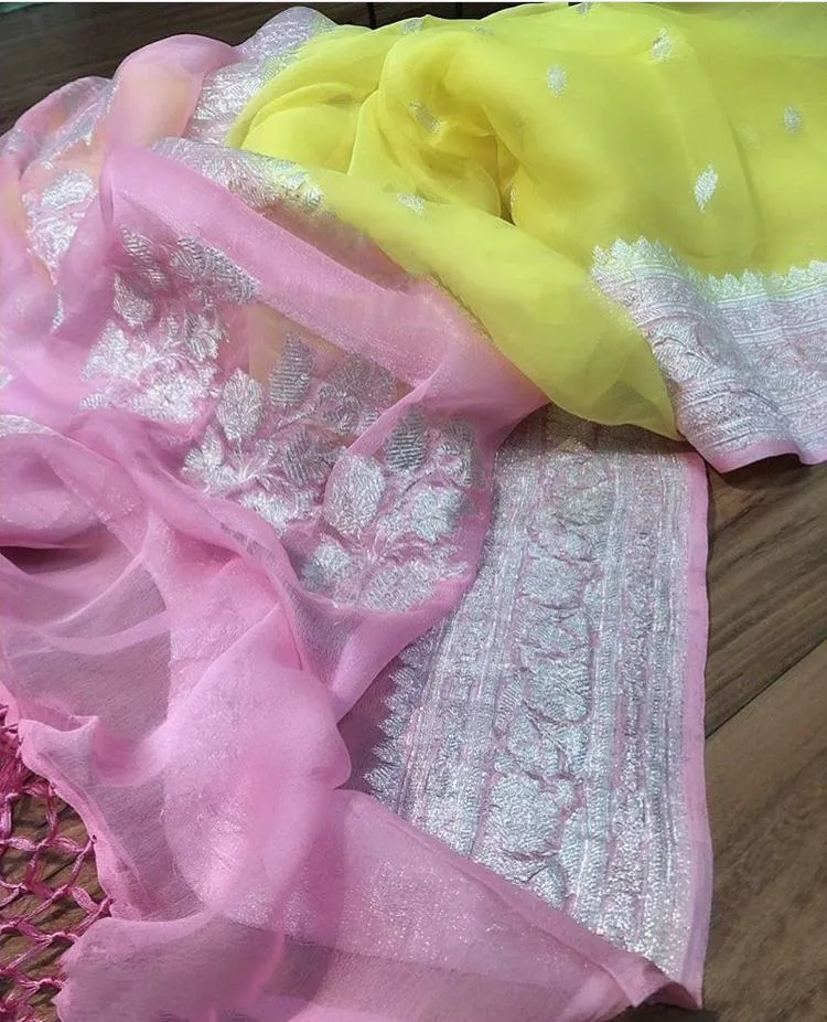 Light Pink-Yellow Banarasi Khaddi Jaal Georgette Saree