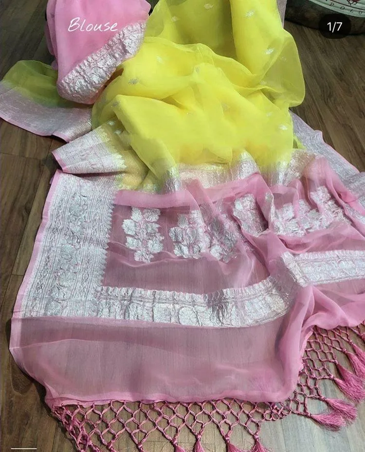 Light Pink-Yellow Banarasi Khaddi Jaal Georgette Saree