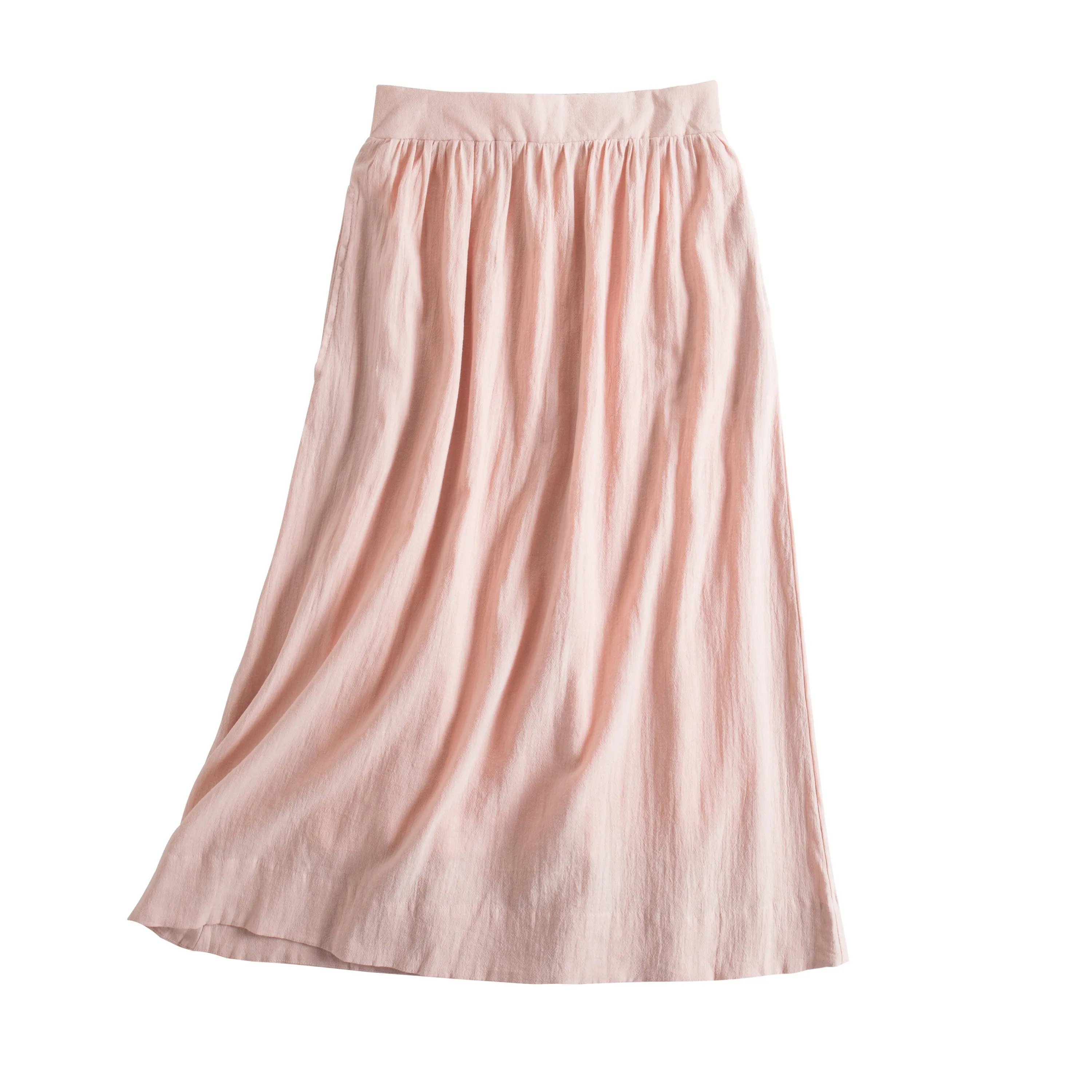 Linen Blend Midi Skirt, Minimalist Pink Midi Skirt with Pockets, Half Elastic Waist A Line Midi Skirt