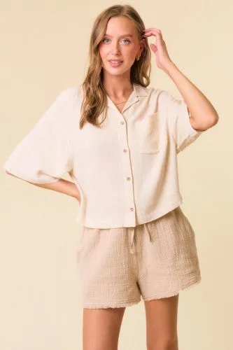 Linen Blend Notched Collar Button Up Crop