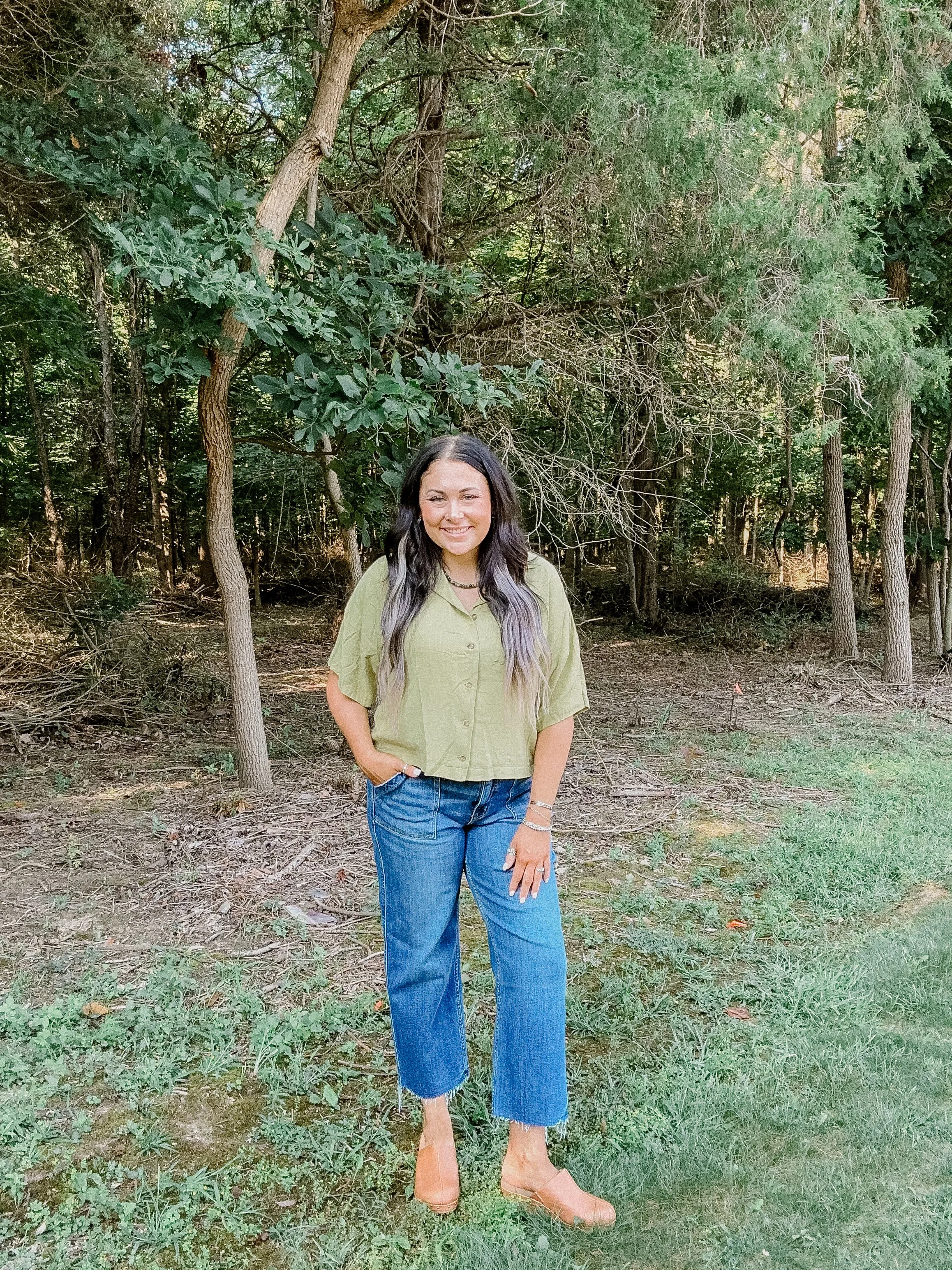 Linen Blend Notched Collar Button Up Crop