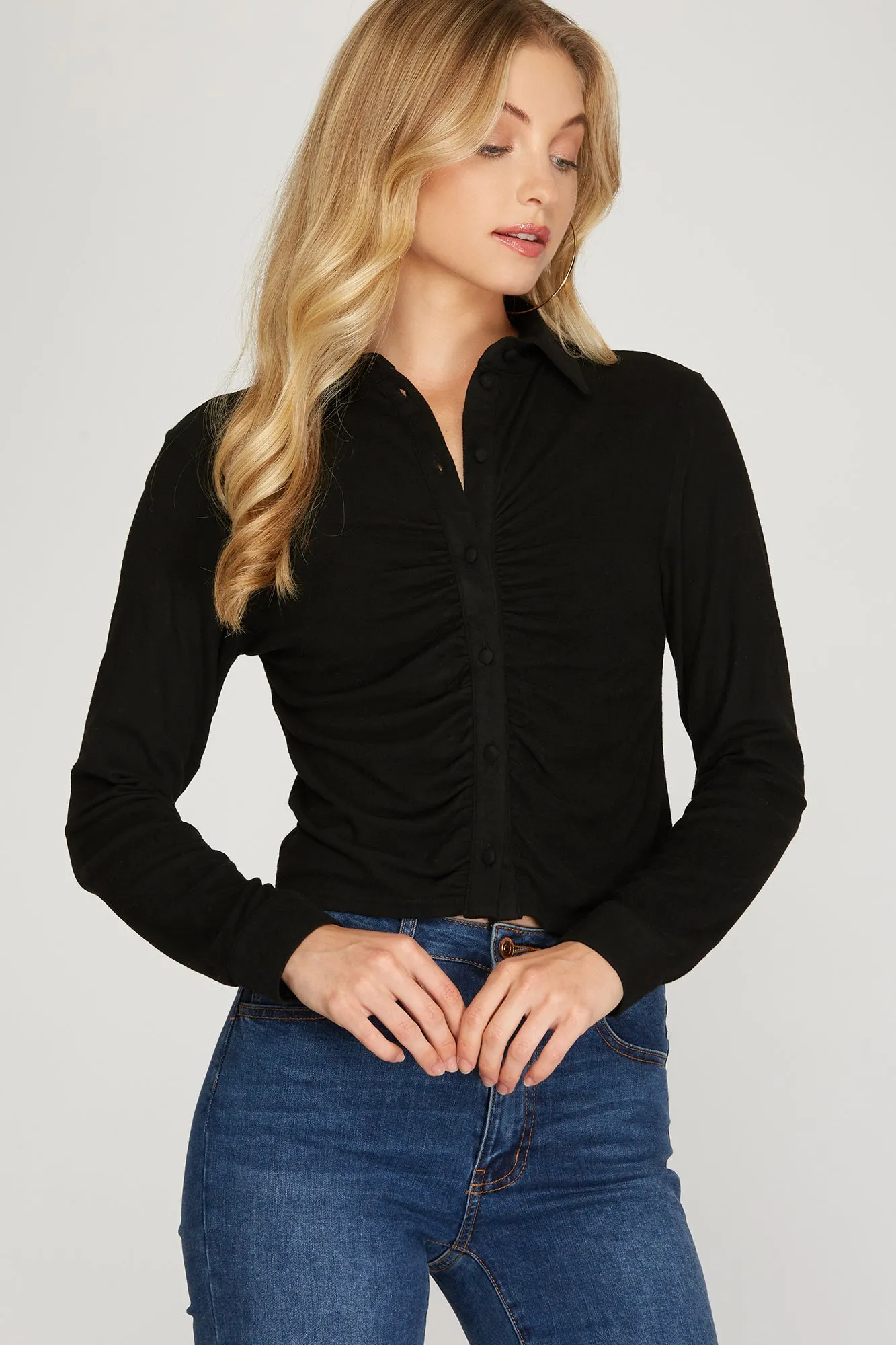 Long Cuff Sleeve Brushed Stretch Knit Top With Front Shirring Detail