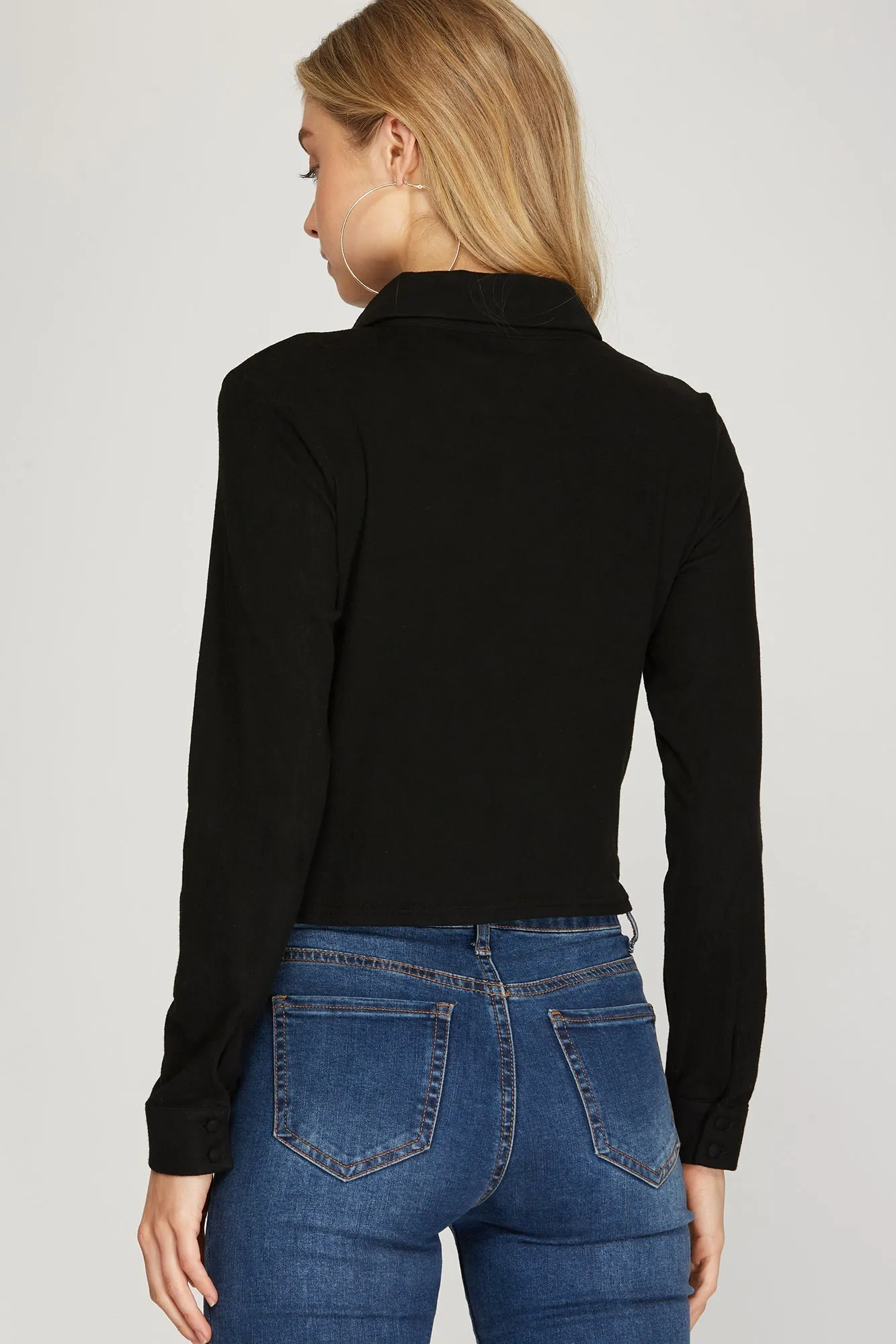Long Cuff Sleeve Brushed Stretch Knit Top With Front Shirring Detail