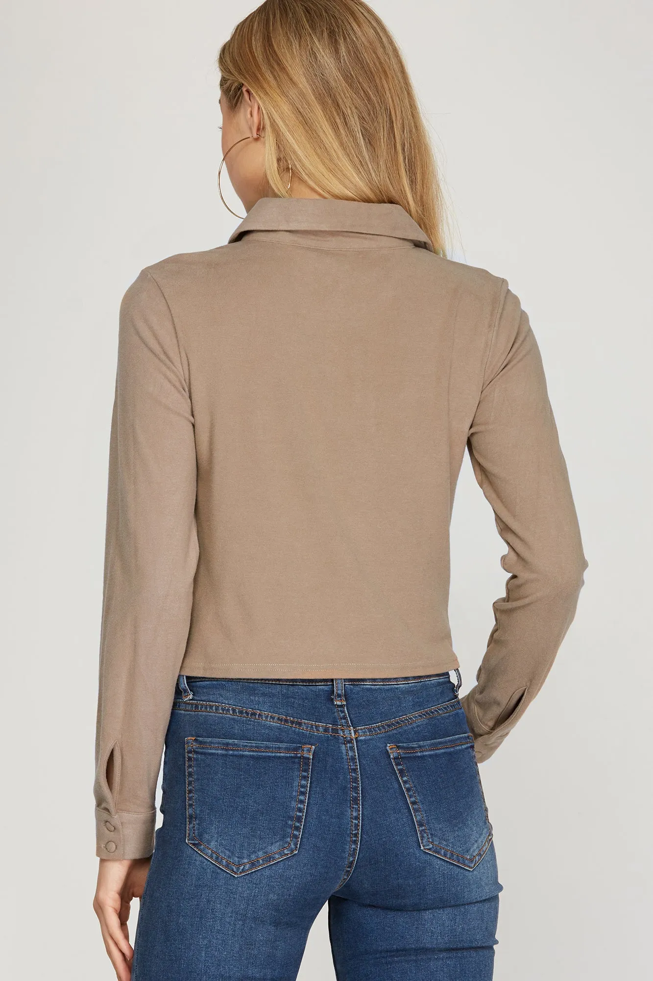 Long Cuff Sleeve Brushed Stretch Knit Top With Front Shirring Detail