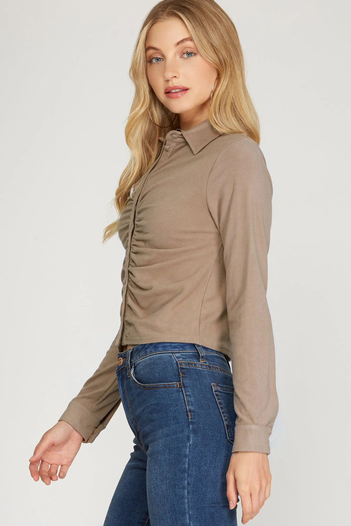 Long Cuff Sleeve Brushed Stretch Knit Top With Front Shirring Detail