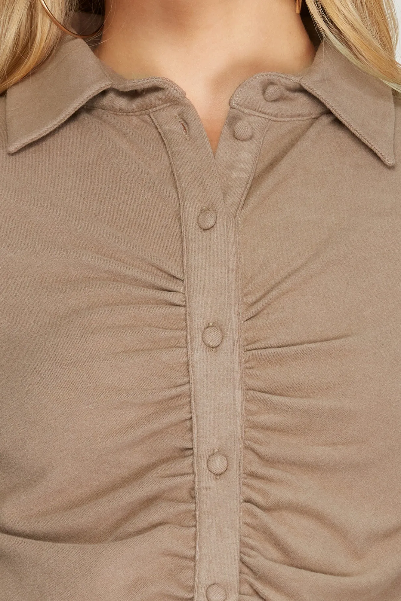 Long Cuff Sleeve Brushed Stretch Knit Top With Front Shirring Detail