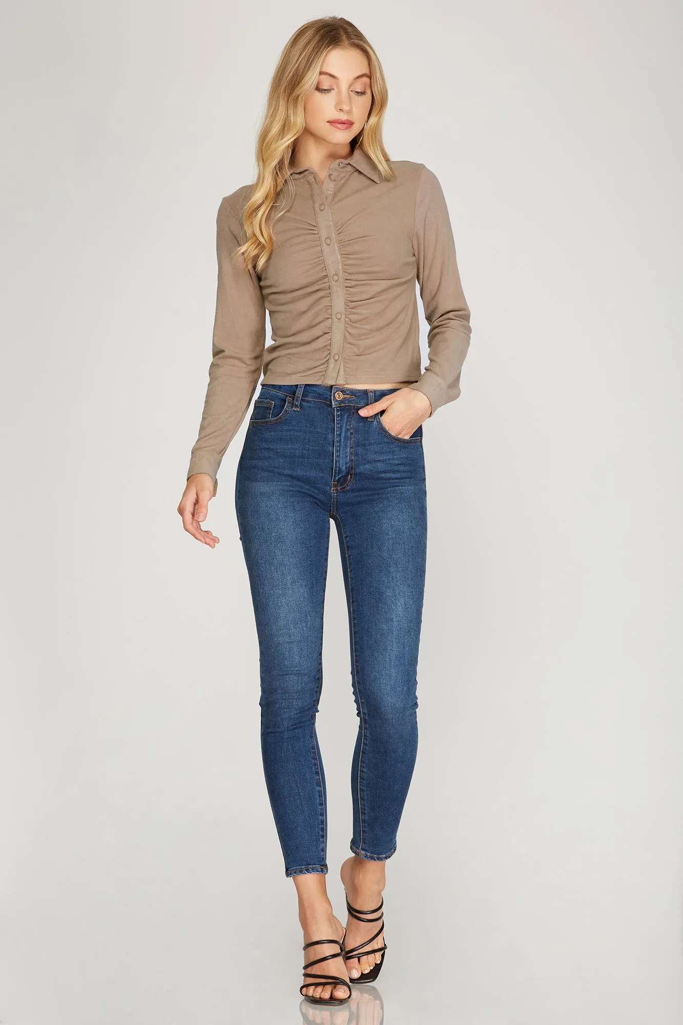 Long Cuff Sleeve Brushed Stretch Knit Top With Front Shirring Detail