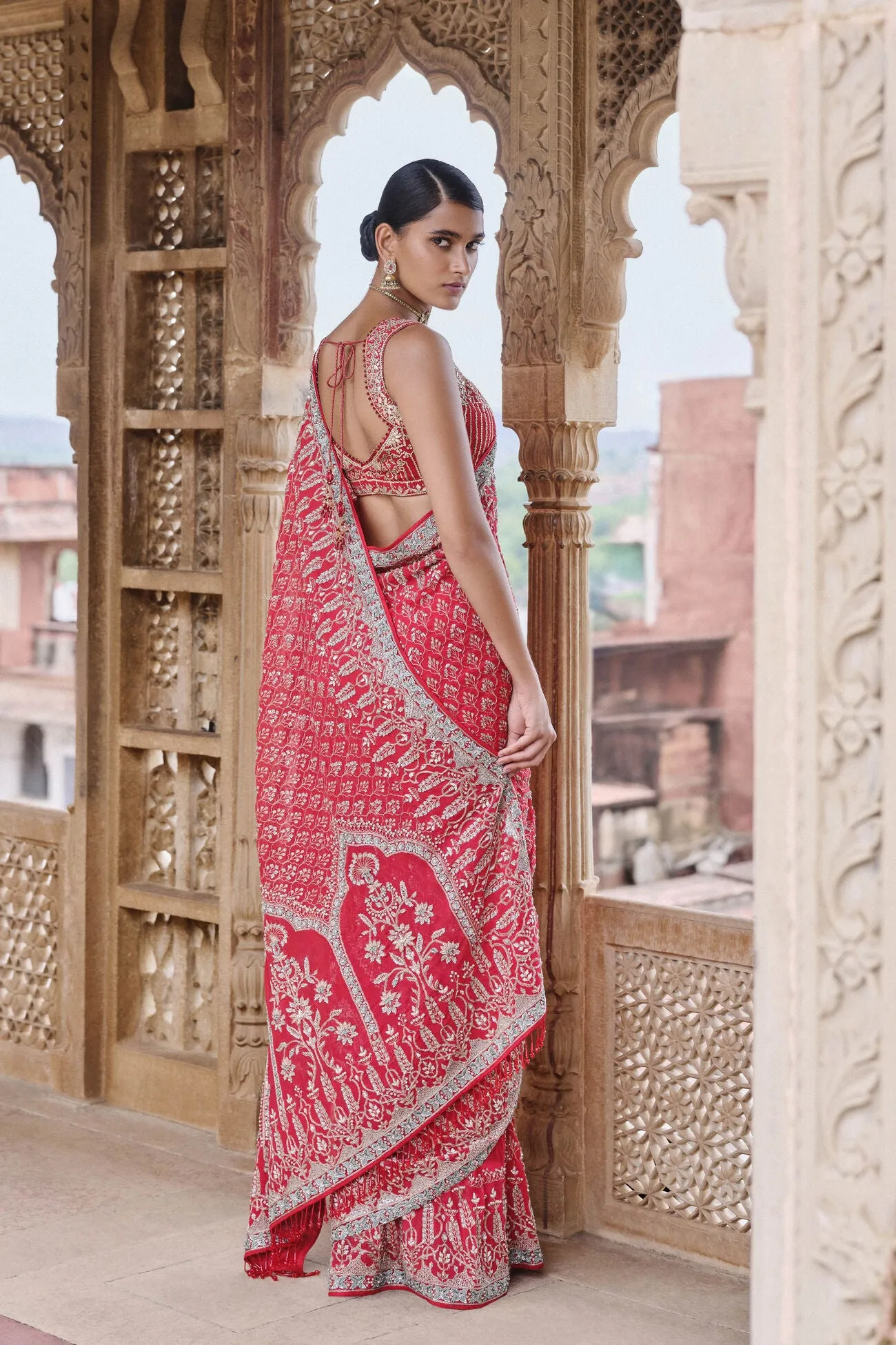 Mangalya Embroidered Georgette Saree - Red