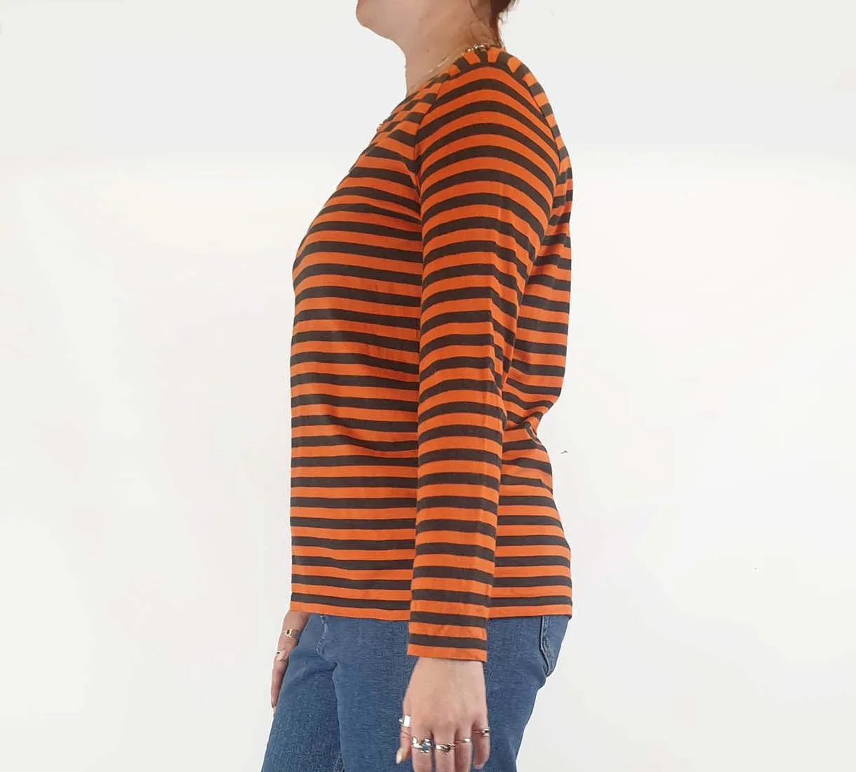 Marimekko orange and black long sleeve top size L, best fits 12-14