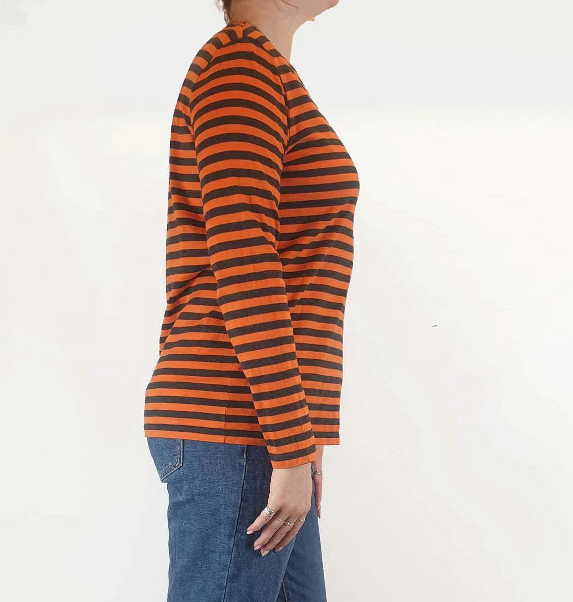 Marimekko orange and black long sleeve top size L, best fits 12-14