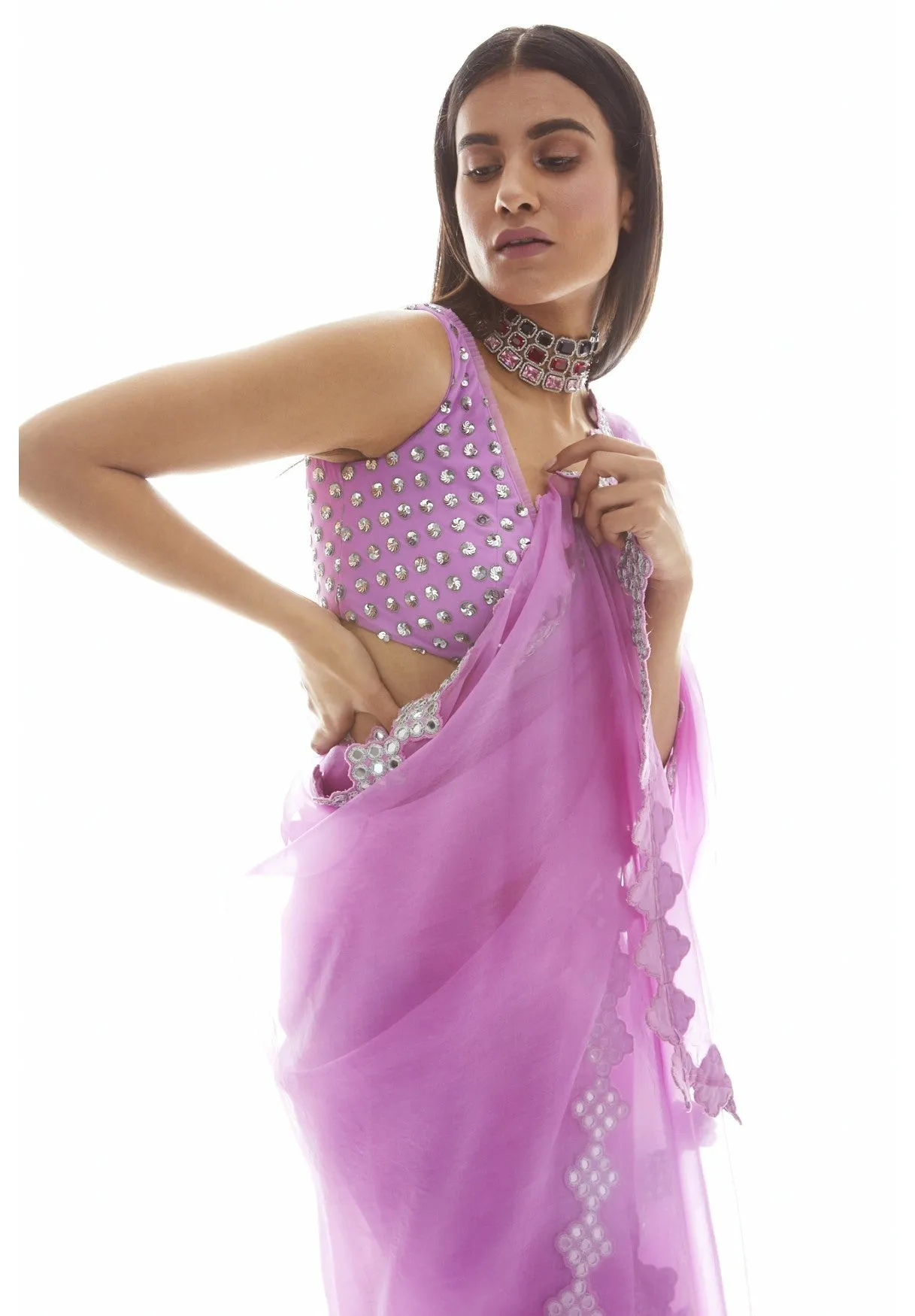 Mauve Organza Mirror Border Saree