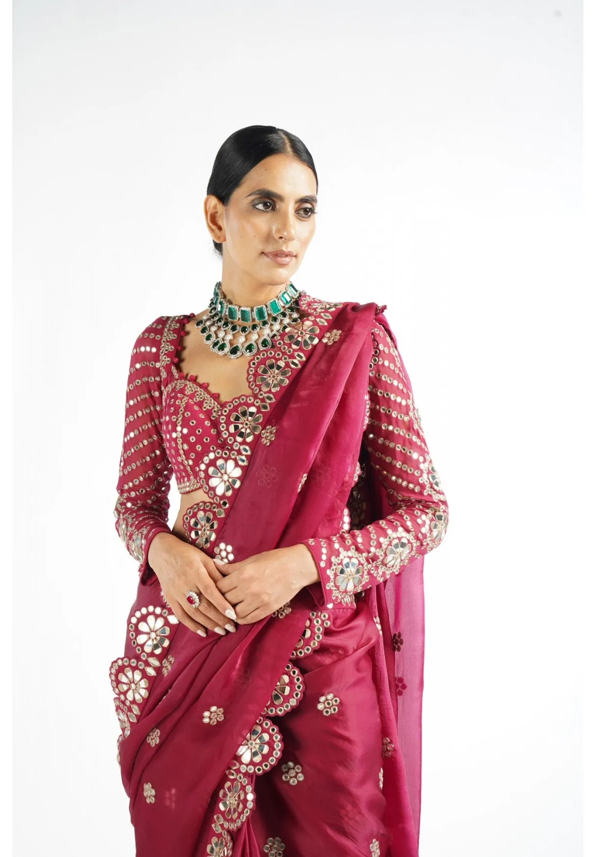 Mellow Wine Mirror Scallop Saree Set