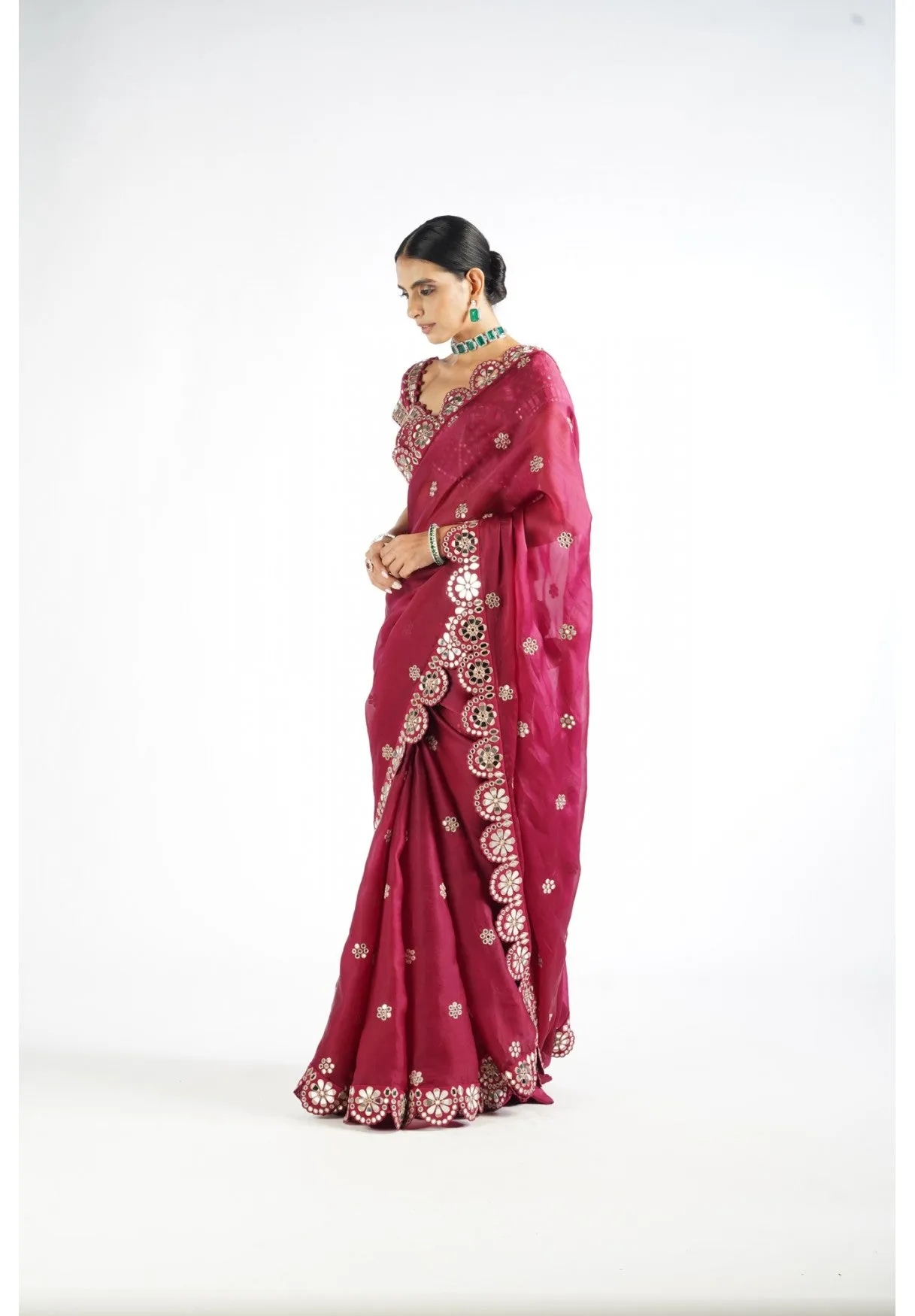 Mellow Wine Mirror Work Blouse Saree Set