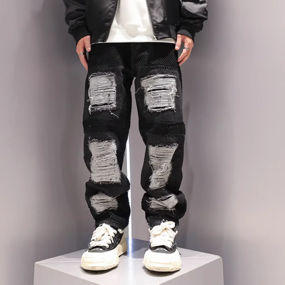 Mesh Patchwork Ripped Jeans