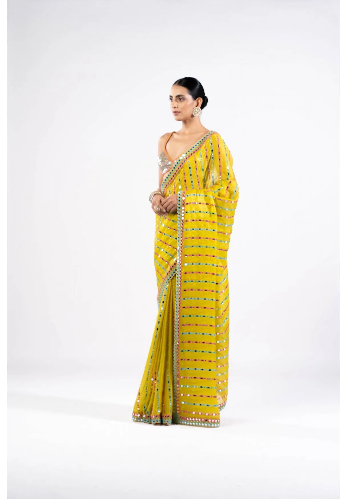 Moss Green Mirror Saree With Metallic Blouse