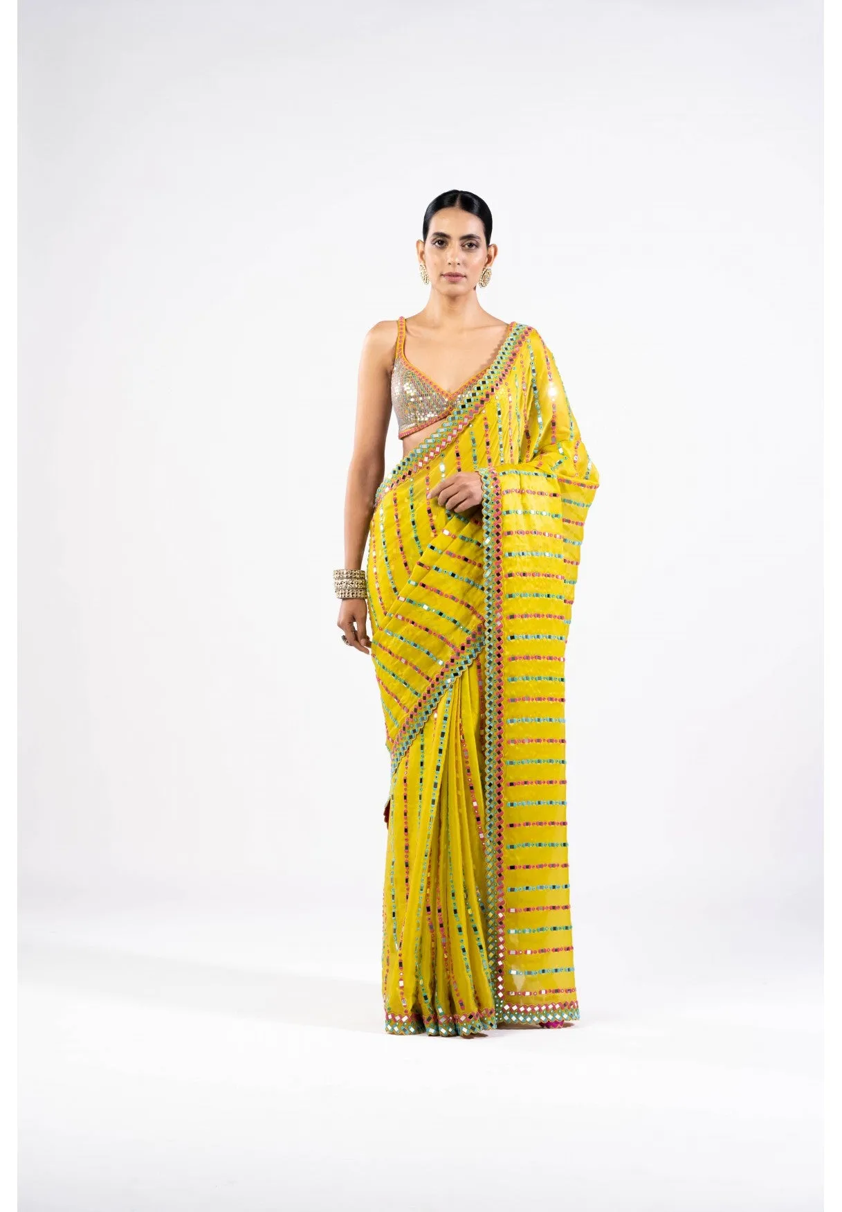 Moss Green Mirror Saree With Metallic Blouse